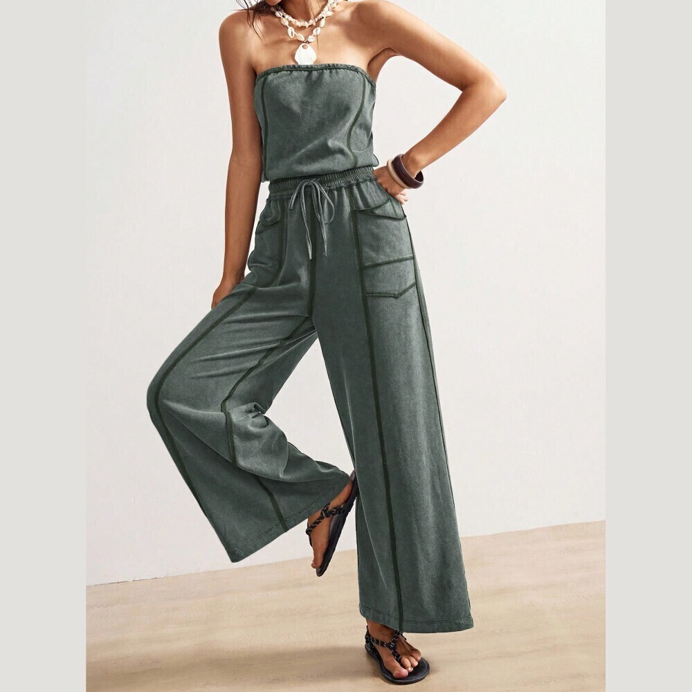 Muted Green Wash Strapless Wide-Leg Jumpsuit with Pockets